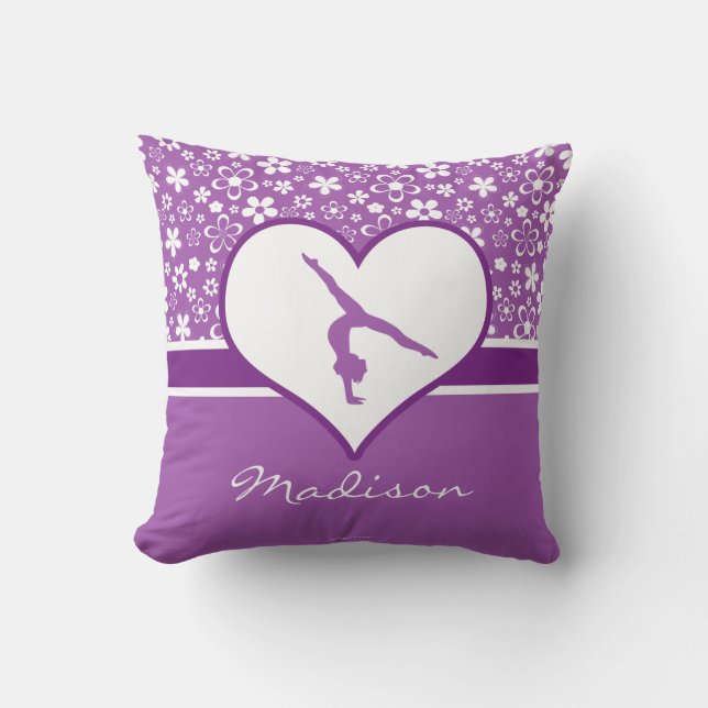Personalized Purple Flowers Pattern Gymnastics Throw Pillow (Front)