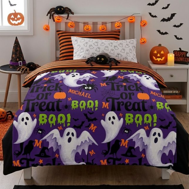Personalized Purple Ghost  Kids Name Monogram  Fleece Blanket (Creator Uploaded)