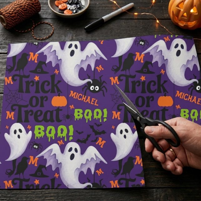Personalized Purple Ghost  Kids Name Monogram  Wrapping Paper (Creator Uploaded)