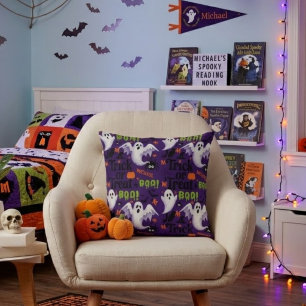 Personalized Purple Ghost Trick or Treat Kids Hall Throw Pillow