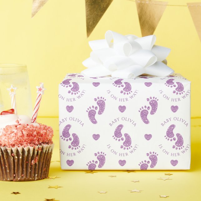 Personalized Purple Glitter Baby Feet Baby Shower  Wrapping Paper (Birthday Party)