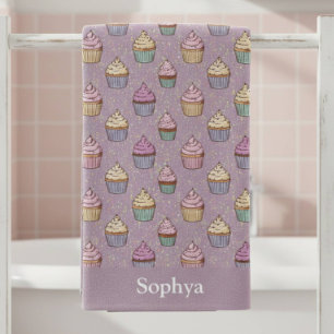 Personalized Purple Glitter Cupcake Bath Towel