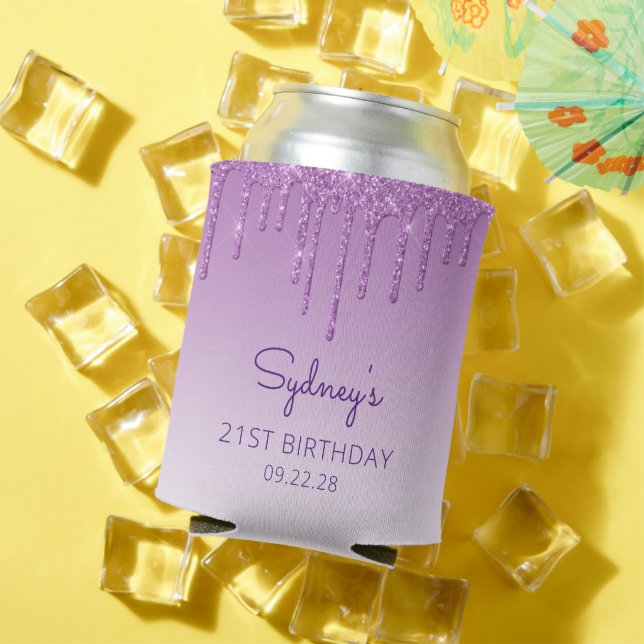 Personalized Purple Glitter Drip 21st Birthday Can Cooler (In Situ Summer)