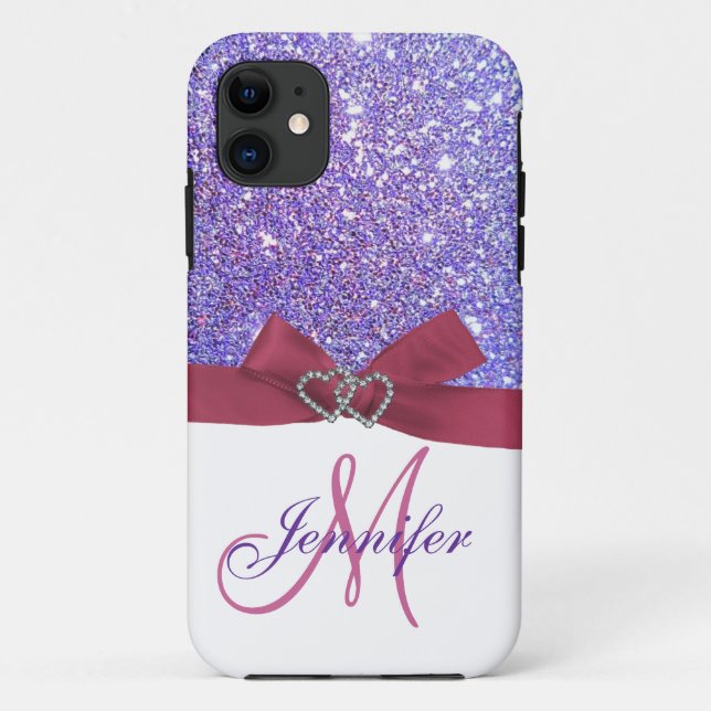 Personalized Purple Glitter, Pink Printed Bow Case-Mate iPhone Case (Back)