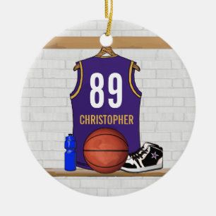 Personalized Purple Gold Basketball Jersey Ceramic Ornament