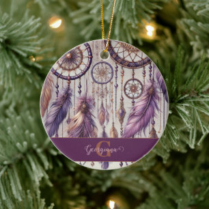 Personalized Purple & Gold Boho Dreamcatchers Ceramic Ornament