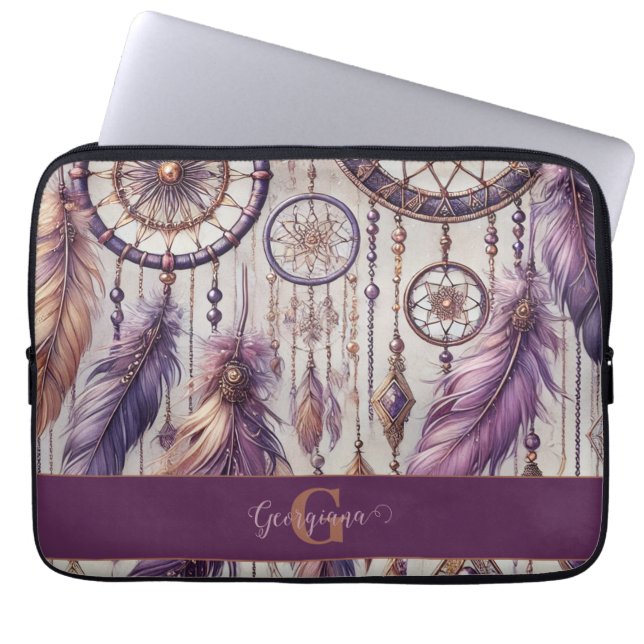 Personalized Purple & Gold Boho Dreamcatchers Laptop Sleeve (Front)