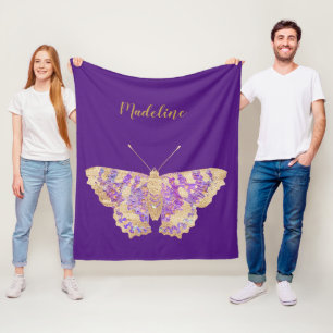 Personalized Purple & Gold Butterfly Fleece Blanket