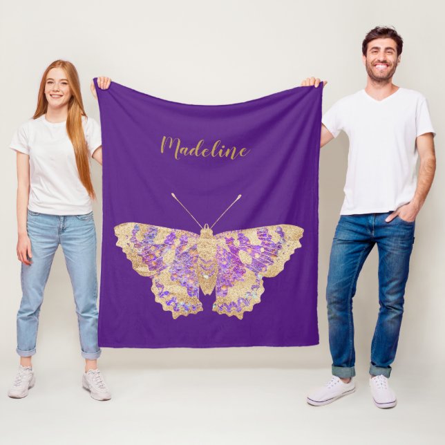 Personalized Purple & Gold Butterfly Fleece Blanket (In Situ)