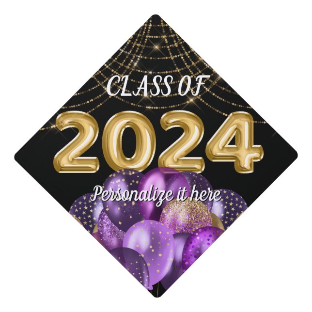 Personalized Purple Gold Chic Class of 2024 Graduation Cap Topper (Front)
