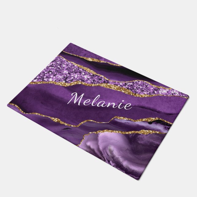 Personalized Purple Gold Custom Name Doormat (Angled)