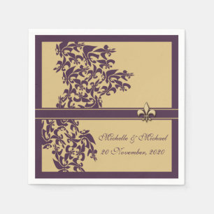 Personalized Purple Gold Fleur de Lis Damask Style Napkin