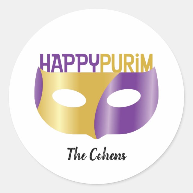 Personalized Purple Gold Happy Purim and mask Classic Round Sticker (Front)