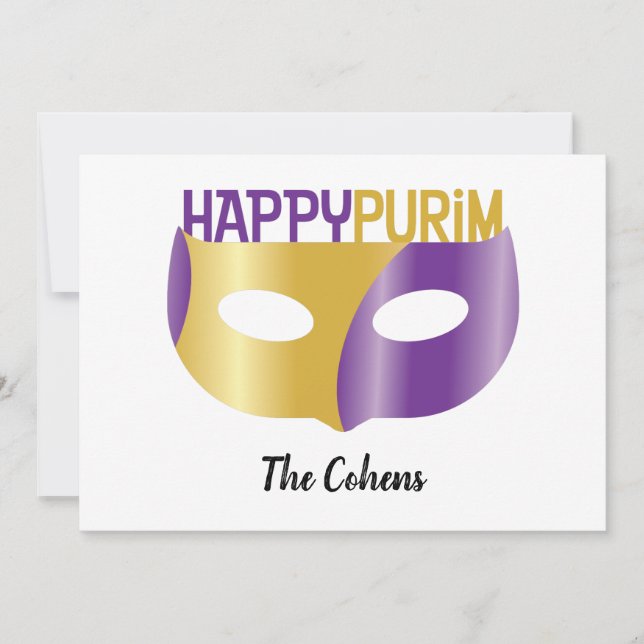 Personalized Purple Gold Happy Purim and mask Holiday Card (Front)