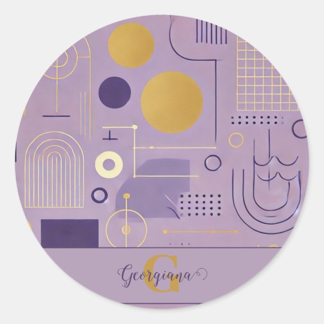 Personalized Purple & Gold Scandinavian Minimalist Classic Round Sticker (Front)