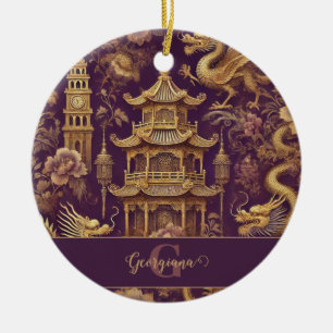 Personalized Purple & Gold Victorian Chinoiserie Ceramic Ornament