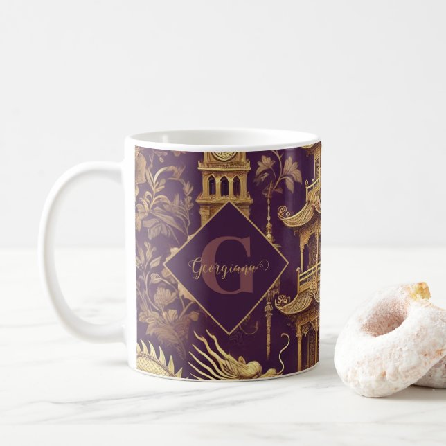 Personalized Purple & Gold Victorian Chinoiserie Coffee Mug (With Donut)