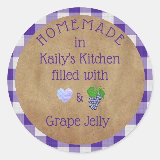 Personalized Purple Grape Jelly Jam Gingham  Classic Round Sticker (Front)