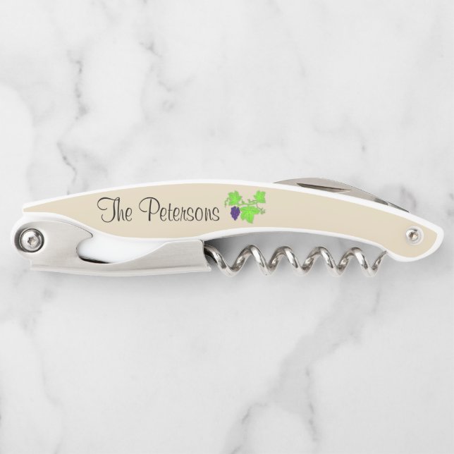 Personalized Purple Grapes~Green Grapevine Leaves Corkscrew (Front)