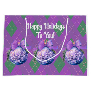 Personalized Purple Green Plaid Christmas Ornament Large Gift Bag