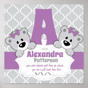 Personalized Purple & Grey Teddy Bear Nursery Room Poster