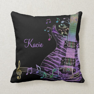 Personalized Purple Guitar with Rainbow Notes Throw Pillow