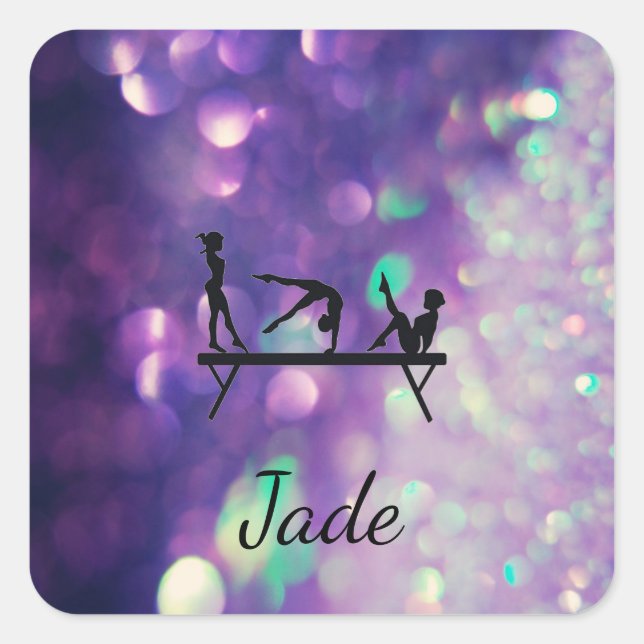 PERSONALIZED PURPLE GYMNASTICS SQUARE STICKERS (Front)