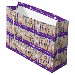 Personalized Purple Happy Birthday Photo Collage Large Gift Bag
