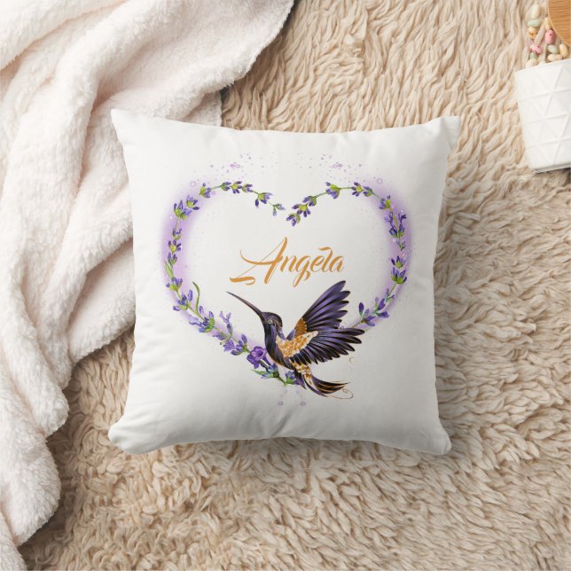 Personalized Purple Hummingbird Heart Throw Pillow (Blanket)