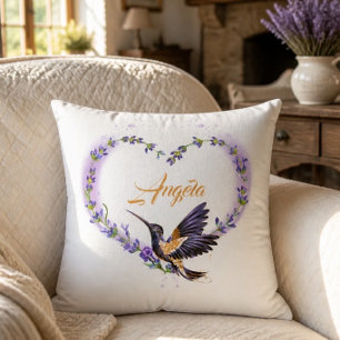 Personalized Purple Hummingbird Heart Throw Pillow