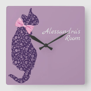 Personalized Purple Lace Cat Silhouette  Lavender Square Wall Clock