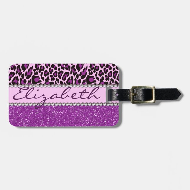 Personalized Purple Leopard and Glitter Luggage Tag (Front Horizontal)