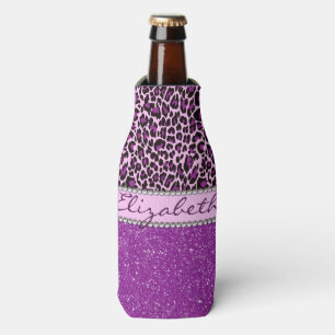 Personalized Purple Leopard Print Glitter Bottle Cooler
