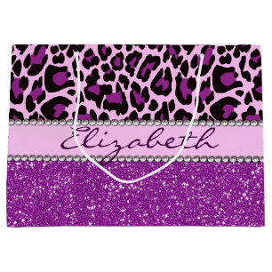 Personalized Purple Leopard Print Glitter Large Gift Bag