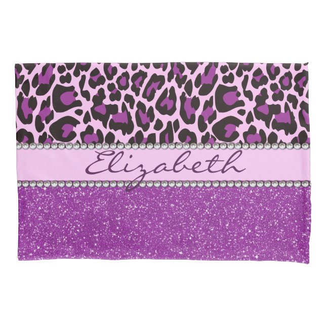 Personalized Purple Leopard Print Glitter Pillowcase (Front)