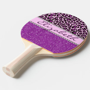 Personalized Purple Leopard Print Glitter Ping Pong Paddle