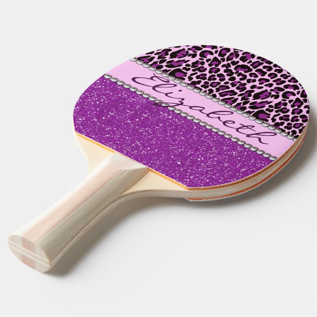 Personalized Purple Leopard Print Glitter Ping Pong Paddle (Front Angle)