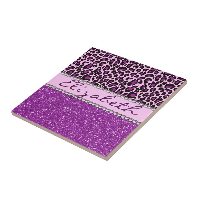 Personalized Purple Leopard Print Glitter Tile (Side)