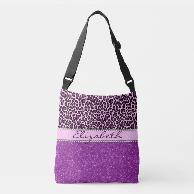 Personalized Purple Leopard Spots Glitter Crossbody Bag (Front)