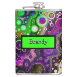 Personalized Purple, Lime Green, Black Fluid Art Hip Flask