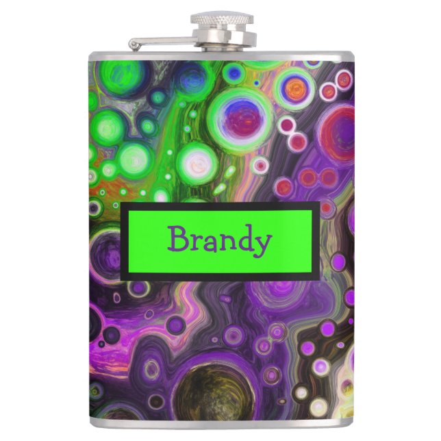 Personalized Purple, Lime Green, Black Fluid Art  Hip Flask (Front)