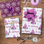 Personalized Purple Mauve Merry Christmas Tree Wrapping Paper Sheet<br><div class="desc">Create your own personalized coordinated set of purple and mauve novelty Christmas giftwrap with your choice of greeting (the sample shows MERRY CHRISTMAS) and your name or other custom text in a modern, trendy handwritten script font, a watercolor Christmas tree and snowflakes pattern. ASSISTANCE: For help with design modification or...</div>