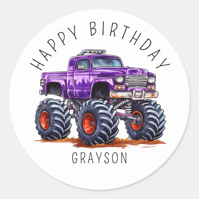 Personalized Purple Monster Truck Birthday Gift Classic Round Sticker (Front)