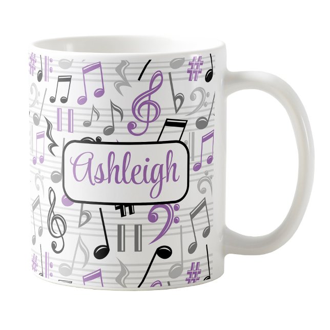 Personalized Purple Music Pattern Mug (Personalized Purple Music Pattern Mug at Amy's Coffee Mugs on Zazzle. )
