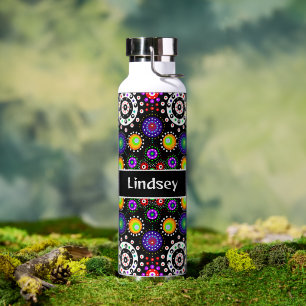 Personalized Purple Orange Black Dot Mandala   Water Bottle