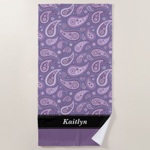 Personalized Purple Paisley Pattern Beach Towel