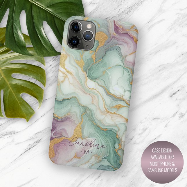 Personalized Purple Pink Green Gold Marble Pattern iPhone Case (Creator Uploaded)