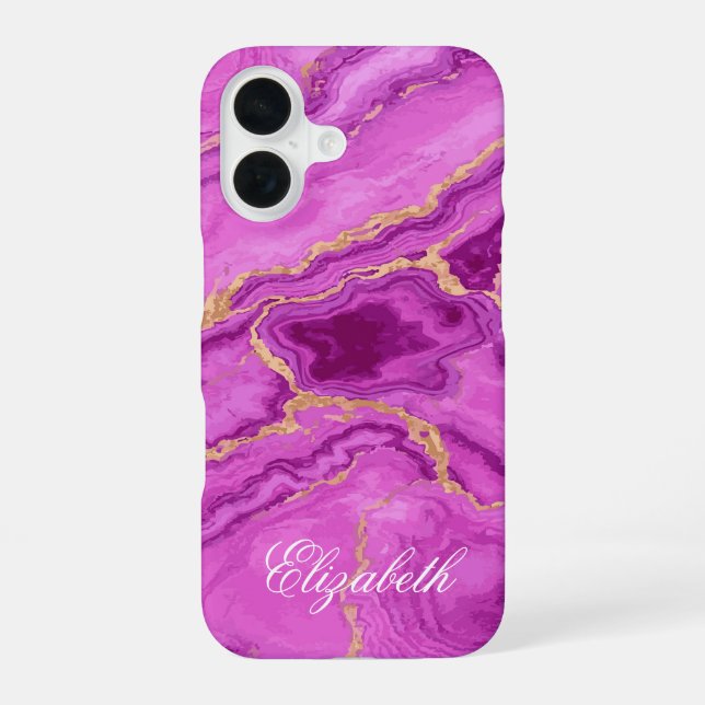 Personalized Purple & Pink Marble iPhone 16 Case (Back)