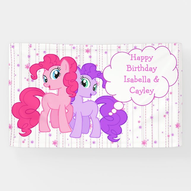 Personalized Purple & Pink Pony Twins Birthday Banner (Horizontal)