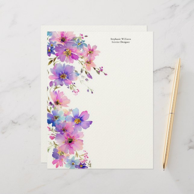Personalized Purple Pink Wildflowers Florals  Letterhead (Front/Back In Situ)